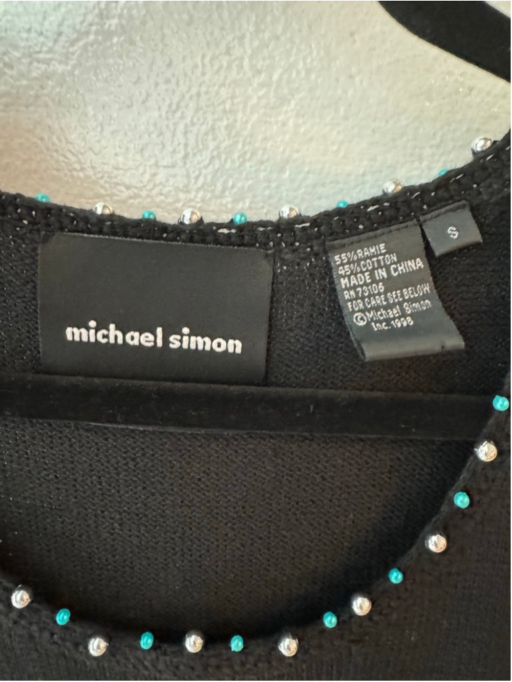 Vintage Michael Simon Sweater Dress Black Turquoise Beaded Cardigan Set of 2 - Picture 4 of 10